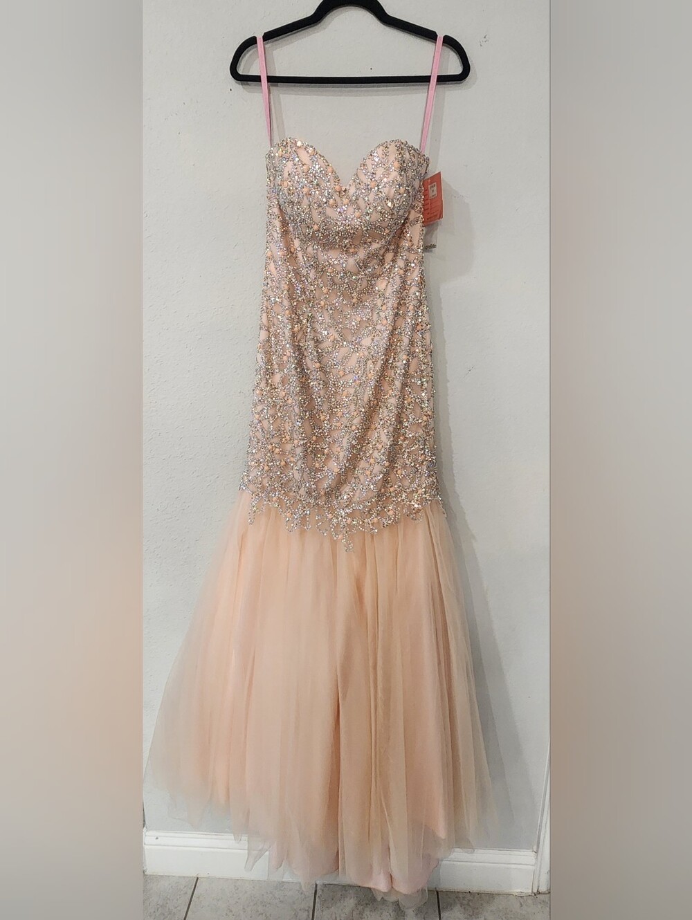 Blush Peach Sequin Strapless Tulle Gown